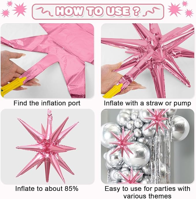 Black Orange Pink Star Balloons,9Pcs 22Inch Orange Pink Black Explosion Spike Cone Helium Polyester Film Star Foil Balloons for Halloween Birthday Anniversary Baby Shower Party Decorations