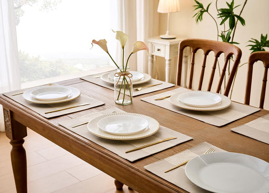 Wracra Linen Placemats, 12 x 18 Inch Set of 6 Placemats, Farmhouse Macrame Place Mats for Kitchen Table and Heat Resistant-Hemstitch Light Coffee 6PCS