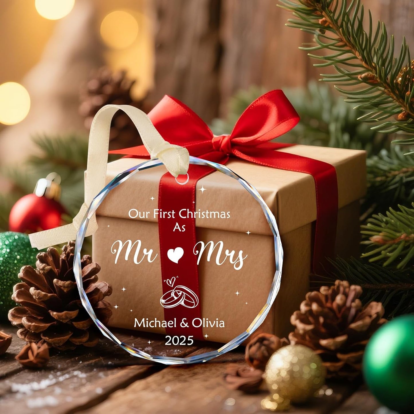 Our First Christmas As Mr & Mrs Ornament 2025, Personalized Christmas Ornaments Custom Name and Date, Customized Wedding Gifts for Couples, Bridal Shower Gifts - 1st Married Christmas Glass Ornament