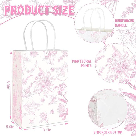Gueevin 24 Pcs Pink Floral Gift Bags Bulk Flower Party Small Paper Bags with Handles Decorative Packaging Goodie Candy Treat Pouches for Wedding Birthday Tea Party, 5.9 x 8.3 x 3.1 Inch