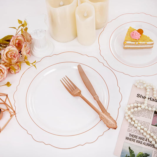 WDF 100pcs Rose Gold Plates Plastic Disposable - Baroque Clear and Rose Gold Plates for Parties or Weddings including 50PCS Dinner Plates 10.25’’ and 50PCS Salad Plates 7.5’’