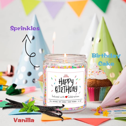 Homsolver Happy Birthday Gifts for Women Men, Vanilla Cream Scent with Sprinkles Candy Birthday Candles, Unique Best Friend Idea Gifts for her, Handmade Candle Decor
