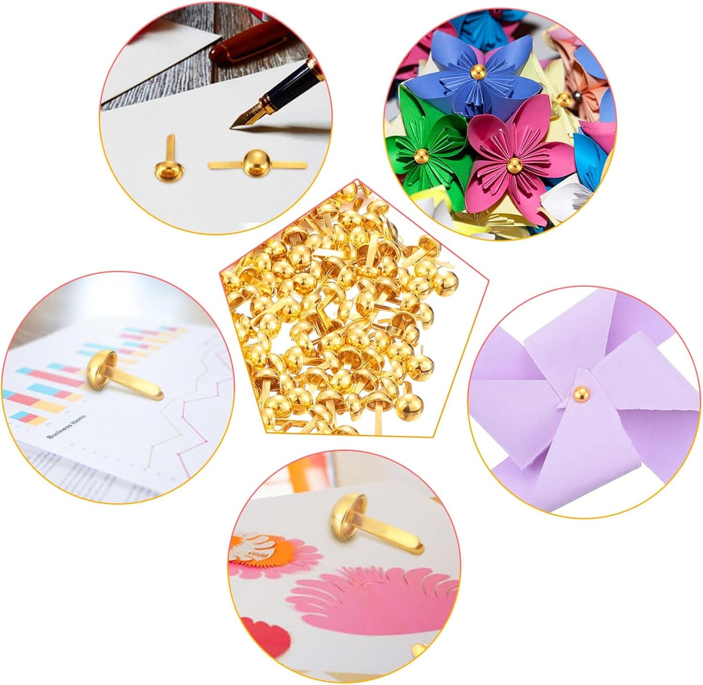 Hotop 500 Pcs Brads for Paper Crafts Metal Round Brass Paper Fasteners for Craft Art Crafting School DIY Supplies(0.3 x 0.7 Inch,Golden)