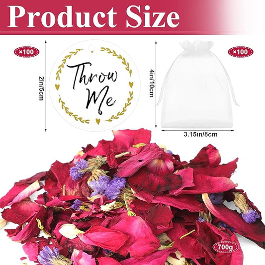 Suncalla 700g 100 Packs Wedding Confetti Biodegradable Flower Petals with Throw Me Stickers Mixed Dried Real Flower Confetti for Party Send off Exit Ideas Bridal Proposal Bath Wedding(Dried Petals)