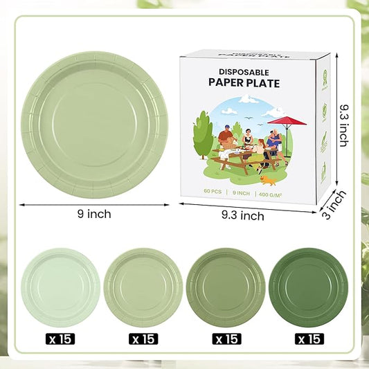 Kochorie 60 Pieces Sage Green Disposable Paper Plates 9 Inch Heavy Duty Dinner Plates, Solid Color, Table Decorations Party Supplies for Birthdays, Weddings, Daily Use