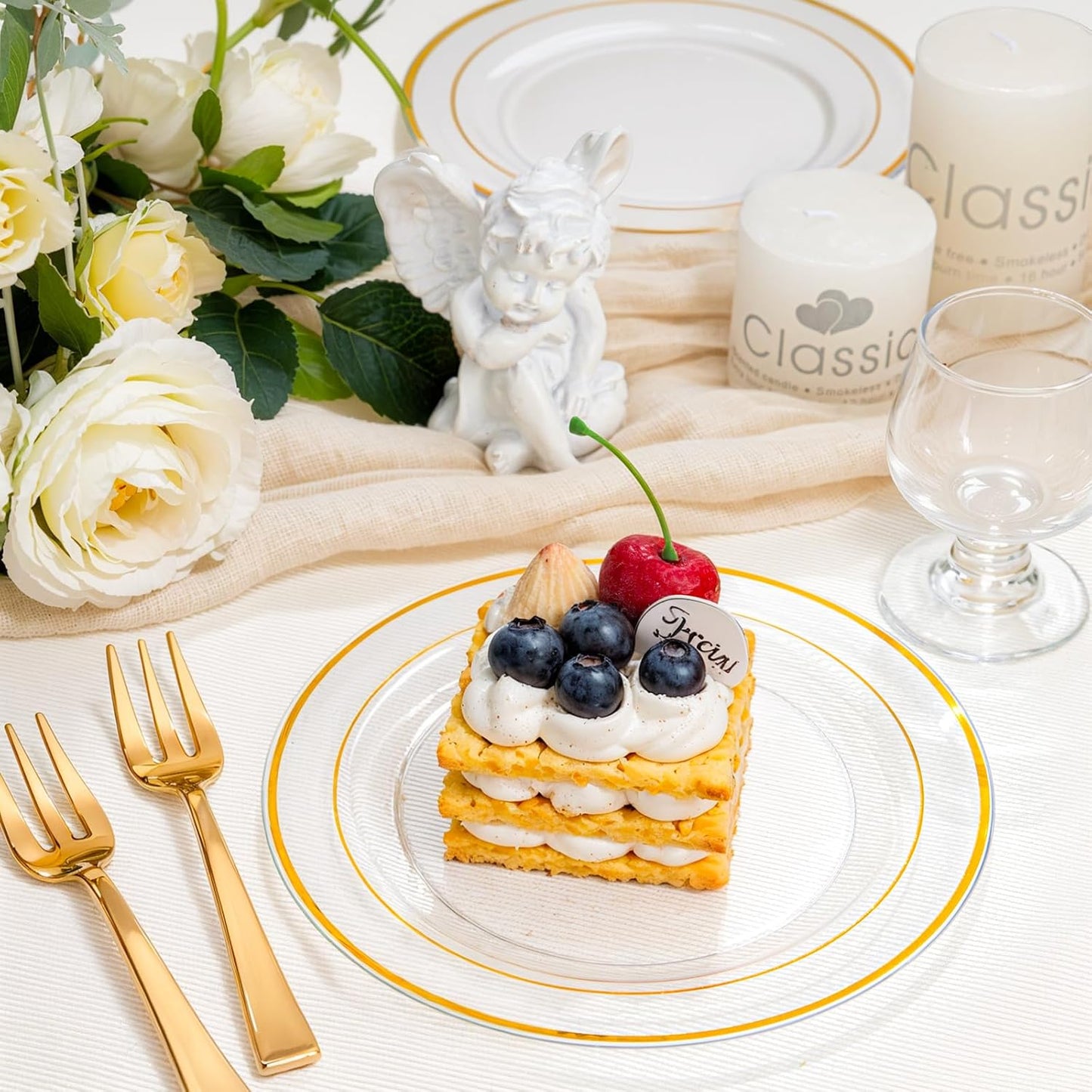 bUCLA 100 Pieces Clear Gold Plastic Plates Disposable - 6.25 Inch Clear Plastic Dessert Plates with Gold Trim for Party, Wedding & Thanksgiving