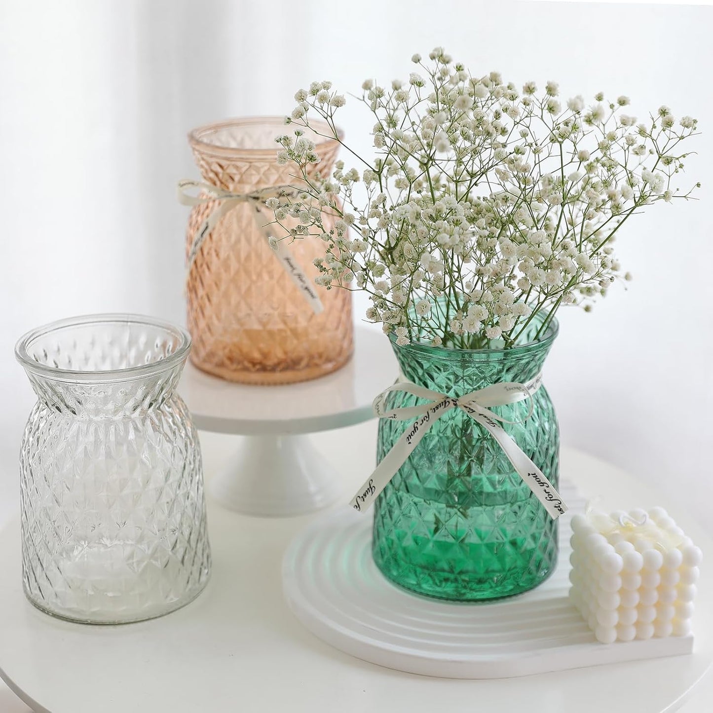 SOJOCK 2PACK Glass Flower Vases(Flowers NOT Included),6.3" High Diamond Pattern Vases,Vintage Vases for Centrepieces,Wedding Decorations,Home Table Flower Decorations