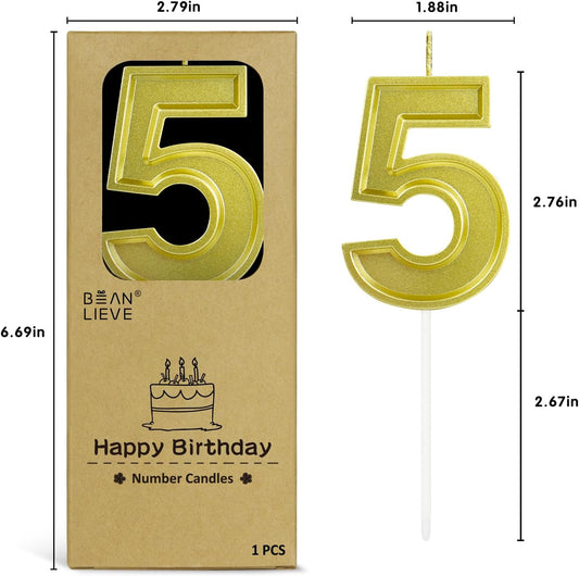 BEAN LIEVE Gold Birthday Candles Number 5, Gold Number Candles, Cake Number Candles for Birthday Parties and Wedding Anniversary Celebrations