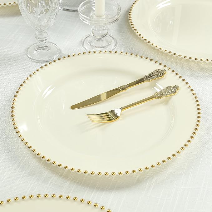 Efavormart 10-Pack Economy Plastic Charger Plates 13" Round Ivory with Gold Beaded Rim - Stylish Dinner Party Serving Plates