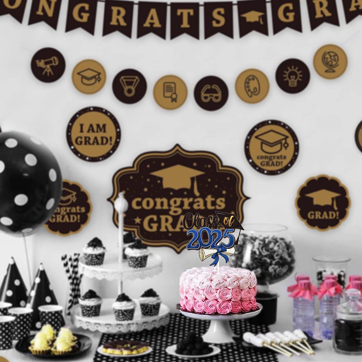LINGBOOM Class of 2025 Happy Graduation Cake Topper Blue Glitter Grad 2025 Happy Graduation We are So Proud of You Cake Decorations Congrats Grad Party Supplies (Blue)