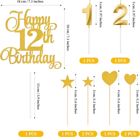 12th Birthday Cake Decorations, 12th Birthday Candles Cake Numeral Candles and Glitter Happy 12th Birthday Cake Toppers Set for Birthday Party Supplies (Gold)