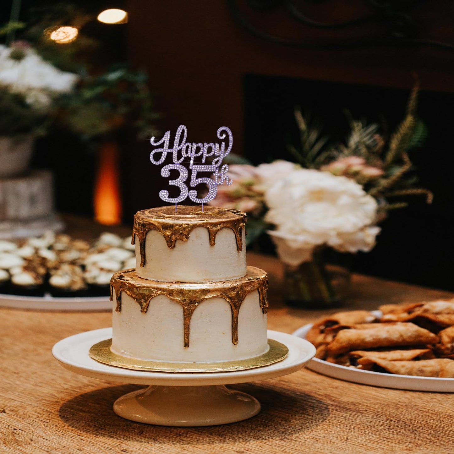 Happy 35th Birthday Purple Rhinestone Cake Topper - 35th Birthday/Anniversary,Cheers to 35 Years Old Bday Party Metal Sparkly Centerpieces Decorations.