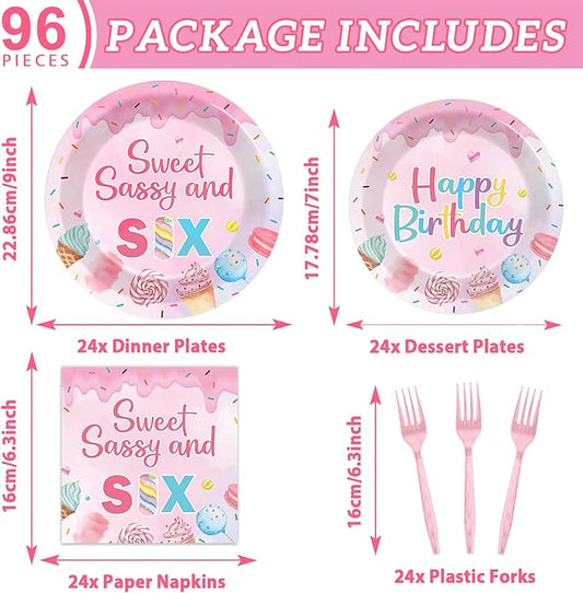 96 PCS Donut Party Tableware 6th Birthday Plates and Napkins Decorations Disposable Donuts Happy Birthday Party Tableware Supplies Sweet Sassy 6th Plates Napkins Decor for Kids Gatherings Decorations