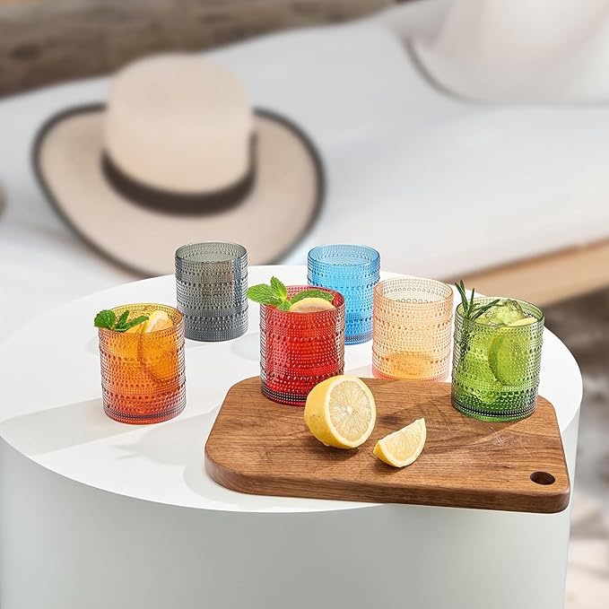 Khen Plastic Hobnail Drinking Glasses Set of 6 Neutral Tones Cups 14oz, Shatterproof & Unbreakable Acrylic Beaded Design, BPA-Free, Dishwasher Safe Indoor/Outdoor Drinkware for Water, Juice, Cocktails