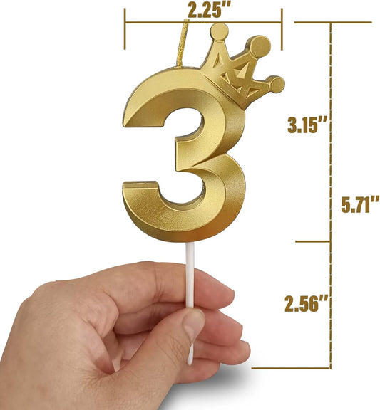 The Number 3 Gold Birthday Candles for Cake is Beautiful Number Candles for 3rd Birthday Decorations for Boys and Girls (Gold-3, Crown)