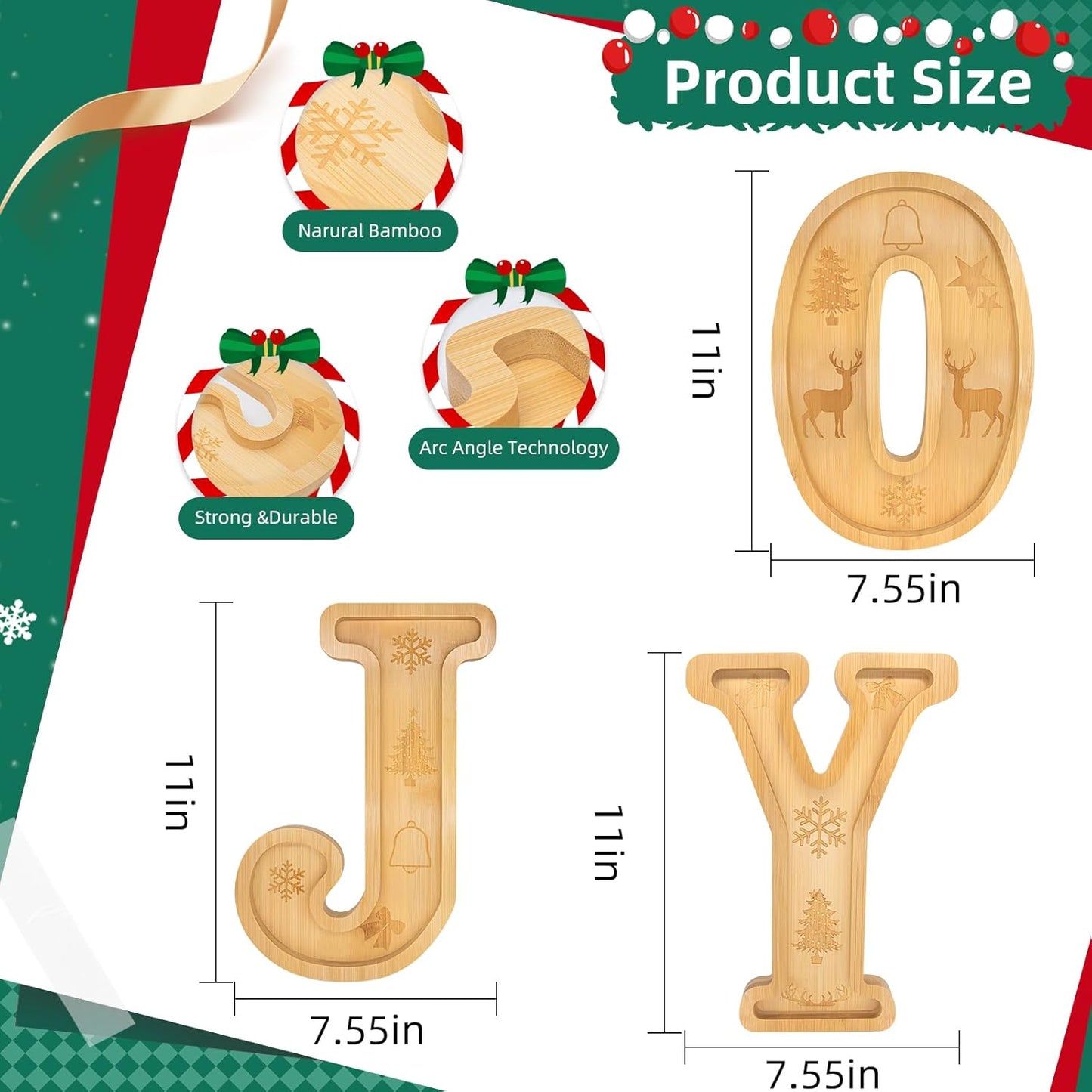 3PCS Bamboo Christmas Decorations Letters Charcuterie Board Box-(with 14 Balloons and Bow) Joy Charcuterie Letters Fillable Food Christmas Party Supplies Table Decoration Food Tray Platter