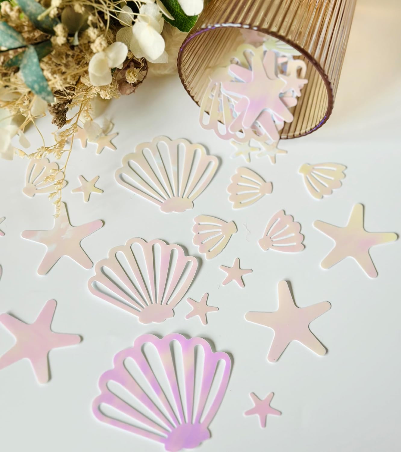 Seashell Confetti for Table Decor.100PCS Pearl Pink Seashell Glitter Confetti for Mermaid Birthday Party Decorations Starfish Ocean Party Decorations