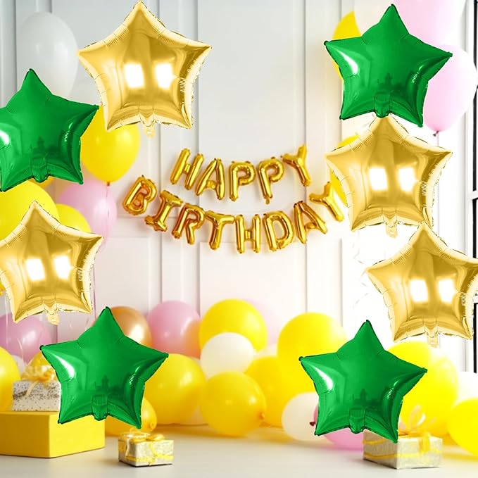 Green and Gold Star Foil Balloon, 10PCS Foil Stars Shape Balloons, 18 Inch Metallic Stars Balloons Helium Pentagram Balloon for Birthday, Graduation, Anniversary, Golf Tractor Jungle Party Decoration