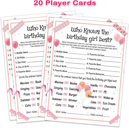 Who Knows the Birthday Girl Best - Girl Birthday Party Game - Themed Party Activity and Idea - Supplies, Decorations - 20 Game Cards