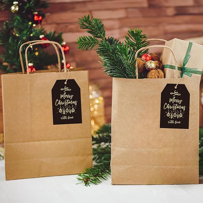 Anwyll Christmas Gift Tags with String - 50Pcs Gold and Black Merry Christmas with Love Tags for Gifts Xmas Gift Tag Happy Holidays Hang Paper Label Tag for Present Wrap Goodie Bag Holiday Party Favor