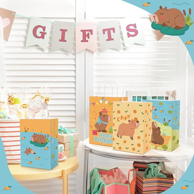 Gaillty 24 Pcs Capybara Gift Bags Paper Capybara Party Favor Bags with Handles Cute Animals Goodie Candy Treat Pouches for Birthday Decorations Baby Shower Party Supplies