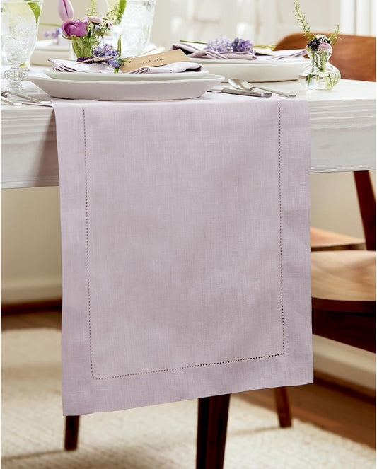 Solino Home Linen Table Runner 36 Inches - 100% Pure Linen Lilac Hemstitch Table Runner 14 x 36 Inch Ideal for Dresser and Coffee Tables - Classic Hemstitch