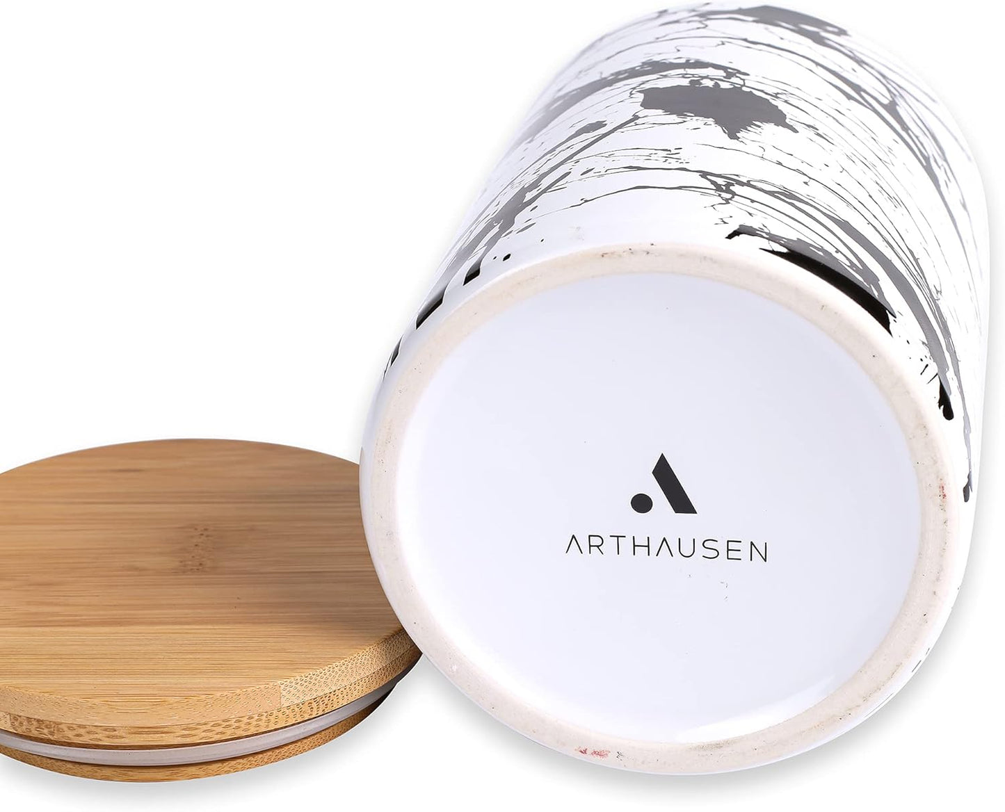 Arthausen Black Splatter Ceramic Storage Jar Canister for Flour Sugar Airtight Bamboo Lid w/Silicone Seal, Spoon - Modern Abstract Art Design for Kitchen Counter Bathroom - 4 cup / 1080mL