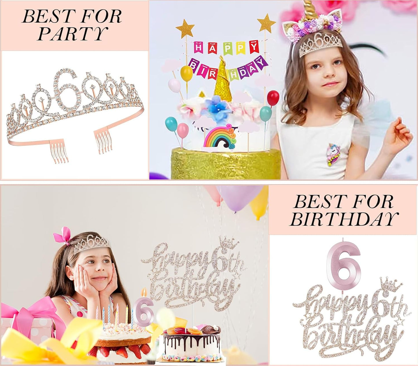 6th Birthday Decorations for Girls, Including 6 year old Birthday Cake Topper, Queen Sash with Pearl Pin, Sweet Rhinestone Tiara Crown, Number Candles and Balloons Set, Rose Gold