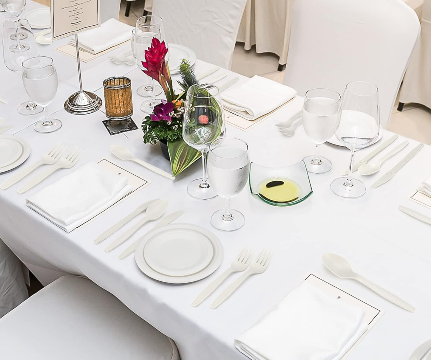 250 Piece (50 Sets) Biodegradable Paper Plates Set (EXTRA LONG UTENSILS), Disposable Dinnerware Set, Eco Friendly Compostable Plates & Utensil include Plates, Bowls, Forks, Knives and Spoons