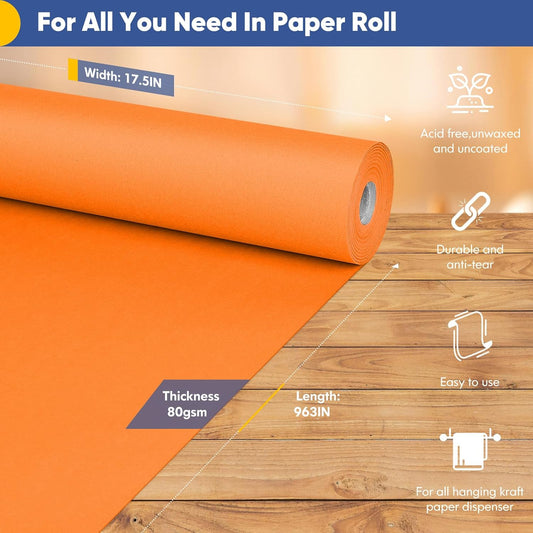Vanhench Orange Wrapping Paper Roll 17.5"×963" (80/1/4FT), Orange Kraft Paper Roll,Solid Color Art Kraft Craft Paper Roll for Gift Wrapping, Birthday, Bouquet Flower Poster Bulletin Board Paper