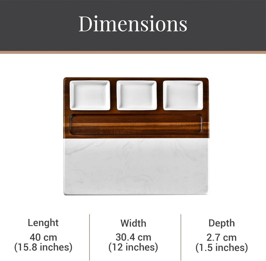 Shanik Marble & Acacia Wood Cheese Board Set – Includes 3 Ceramic Bowls, Stainless Steel Cutlery – Charcuterie Platter Gift for Entertaining