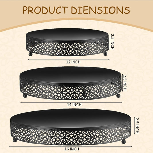 3 Piece Cake Stands Set 16'' 14'' 12'' Round Metal Cake Stands Cupcake Stand Riser Pastry Candy Display Plate for Dessert Table Wedding Event Birthday Anniversary Party (Black)
