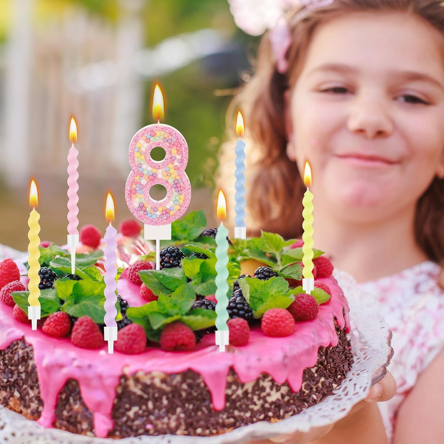 MTLEE Number 8 Birthday Candle with 12 Pcs Spiral Candles for Girls Macaron Pastel Rainbow Unicorn Pink Cake Topper for Sweet Theme Party Decoration