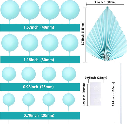 Ephlyn 28Pcs Paper Palm Fan Cake Topper Balls Cake Pick for Baby Shower Wedding Bridal Shower Birthday Anniversary Party DIY Cake Decorations Supplies Light Blue