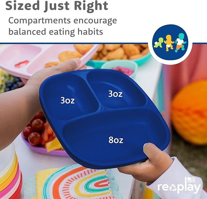 Re-Play Toddler Plates with Dividers - Deep-Walled 3 Compartments Divided Plates for Kids - Dishwasher & Microwave Safe - Made in USA - Set of 3-7.37" x 7.37" x 1.25" - Cool Blue