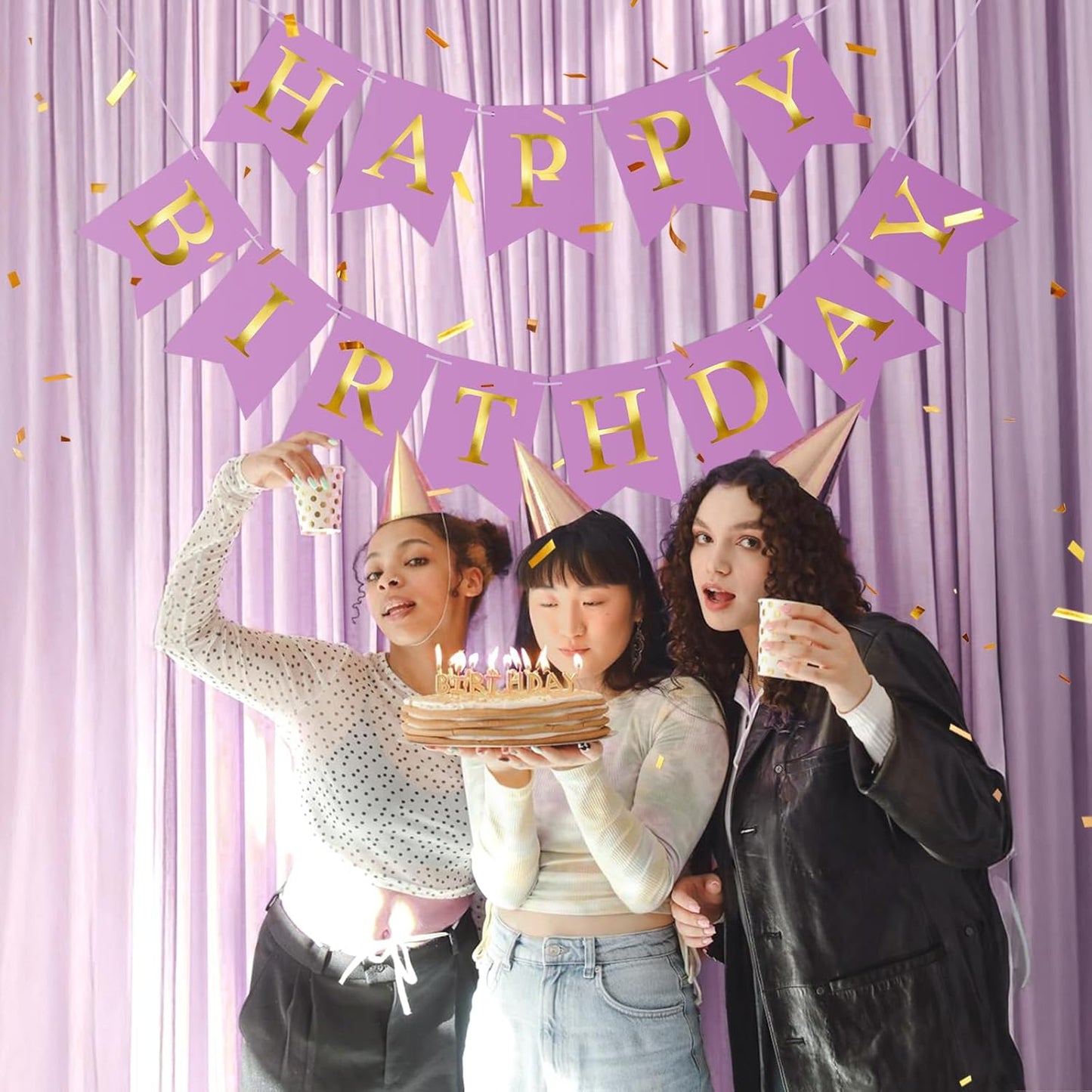 Purple Happy Birthday Banner Birthday Party Banner NO DIY Happy Birthday Sign Pre-Strung Birthday Hanging Decoration for Women Men Girl Boy Party Supplies (Purple and Gold)