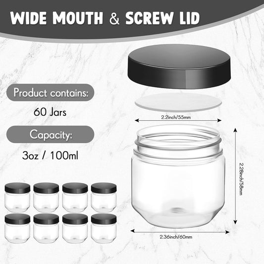Tanlade 60 Pcs 3 oz Clear Plastic Jars with Lids Wide Mouth Mason Jars Mini Storage Containers Bulk for Herb Jelly Wedding Valentine Favors Shower Party Favors(Sleek Black)