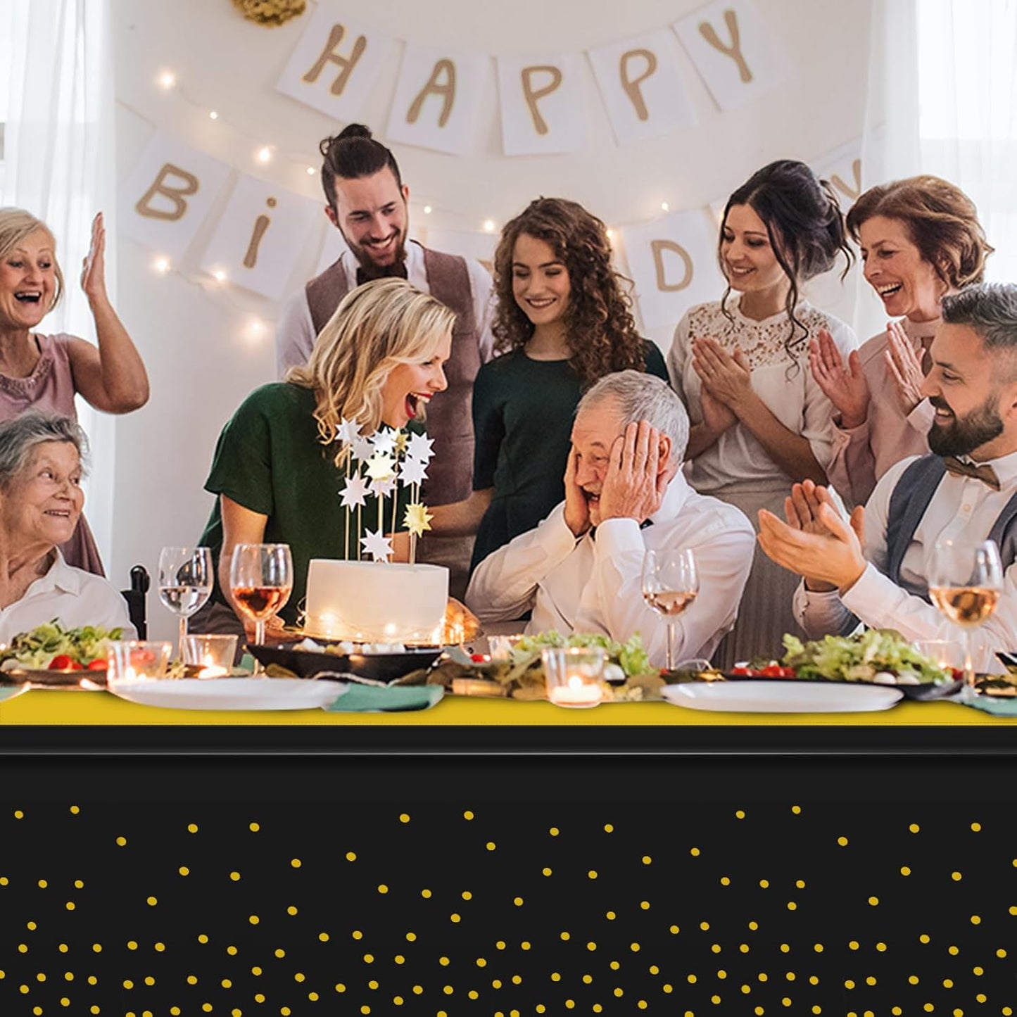 6Pcs Black and Gold Tablecloth Party Decorations,Plastic Black Table Cloth Printed Gold Table Runner Disposable Rectangle Table Cover for Birthday Retirement Anniversary Graduation Party,54 x108 Inch
