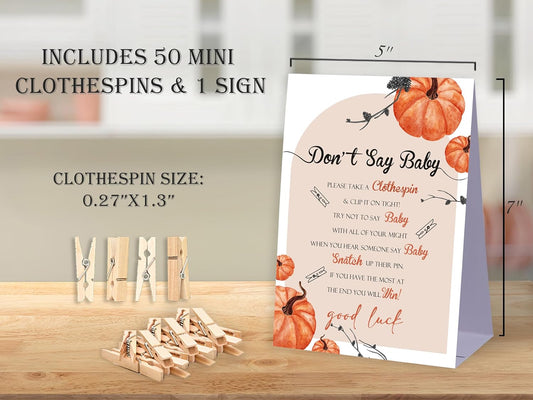 Don't Say Baby Baby Shower Game,Little Pumpkin Baby Shower Decorations,Rustic Baby Shower Decorations,Neutral Baby Shower Decorations,Baby Shower Game Ideas,1 Sign & 50 Mini Clothespins Set-B20