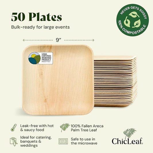 Chic Leaf Palm Leaf Bamboo Style Plates - 9-Inch Square, Pack of 50 - Compostable Serving Platters - Microwave -Disposable Plates - Durable Party Dishware, Upscale Look for Valentine’s Meals