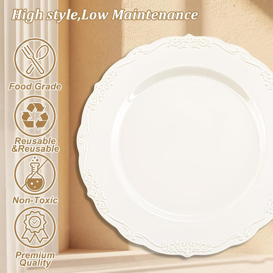 DaYammi 60PCS Ivory Plastic Plates, Thanksgiving Plates Disposable Heavy Duty Disposable Plates Premium 7.5inch Ivory Dessert Cake Salad Appetizer Platos Hard Plastic Platos Disposable for Party