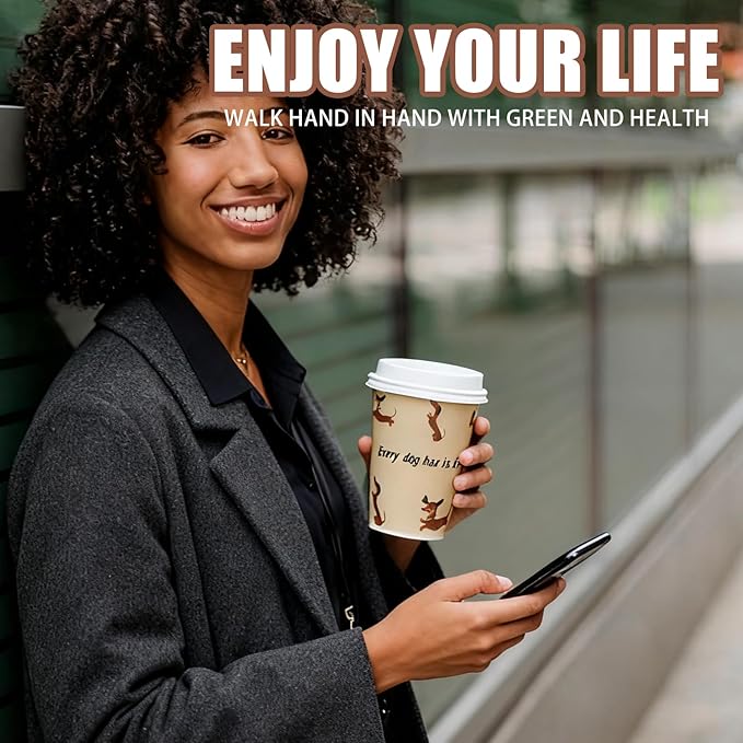 12 oz 25 Pack Disposable Paper Coffee Cups with Lids, Disposable Paper Cups for Cold/Hot Drinks, Leak-Proof To Go Drinking Cups for Office Party Home Picnic & Travel (Doggy Style)