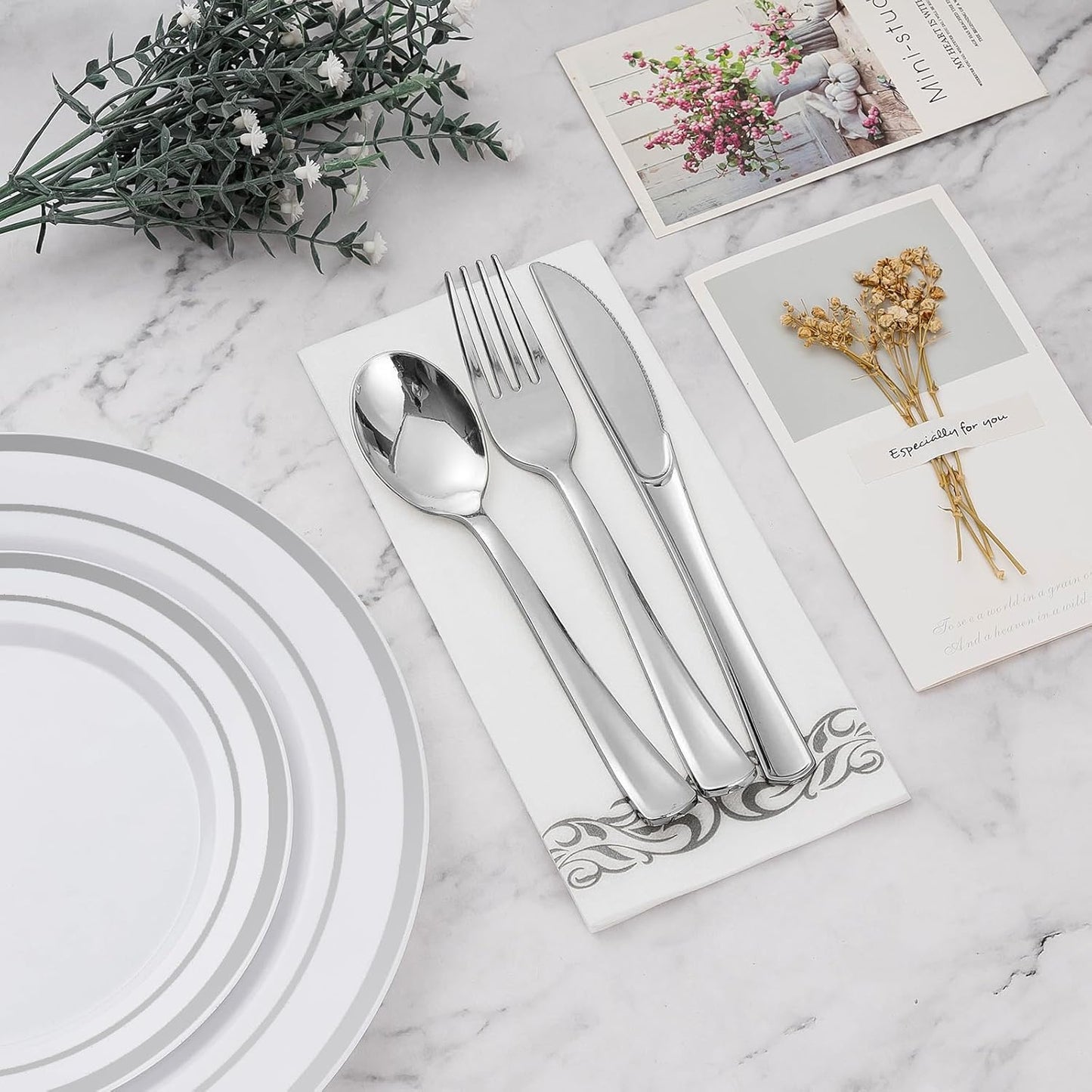 BESTVIP 700 PCS Silver Dinnerware Set for 100 Guests, Plastic Dinnerware Set for Party, Wedding, Christmas, Halloween, Include: 200 Plastic Plates, 100 Silver Silverware, 100 Cups, 100 Paper Napkins