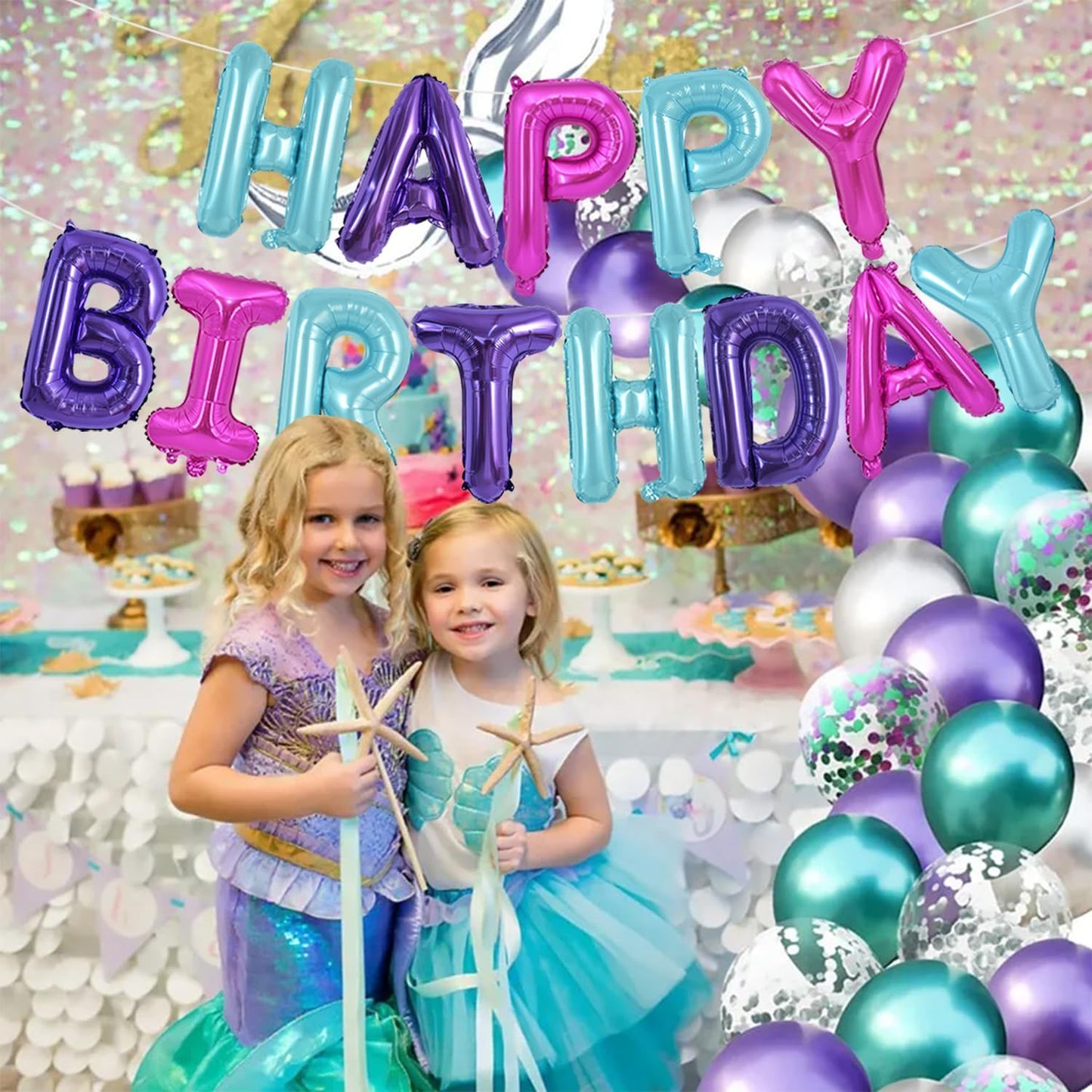 TONIFUL Happy Birthday Balloons Banner with Ribbon Straw,16 Inch Mylar Letters Birthday Sign Banner Balloon Bunting Reusable for Girls Kids & Adults Birthday Halloween Supplies(Blue Purple Pink)