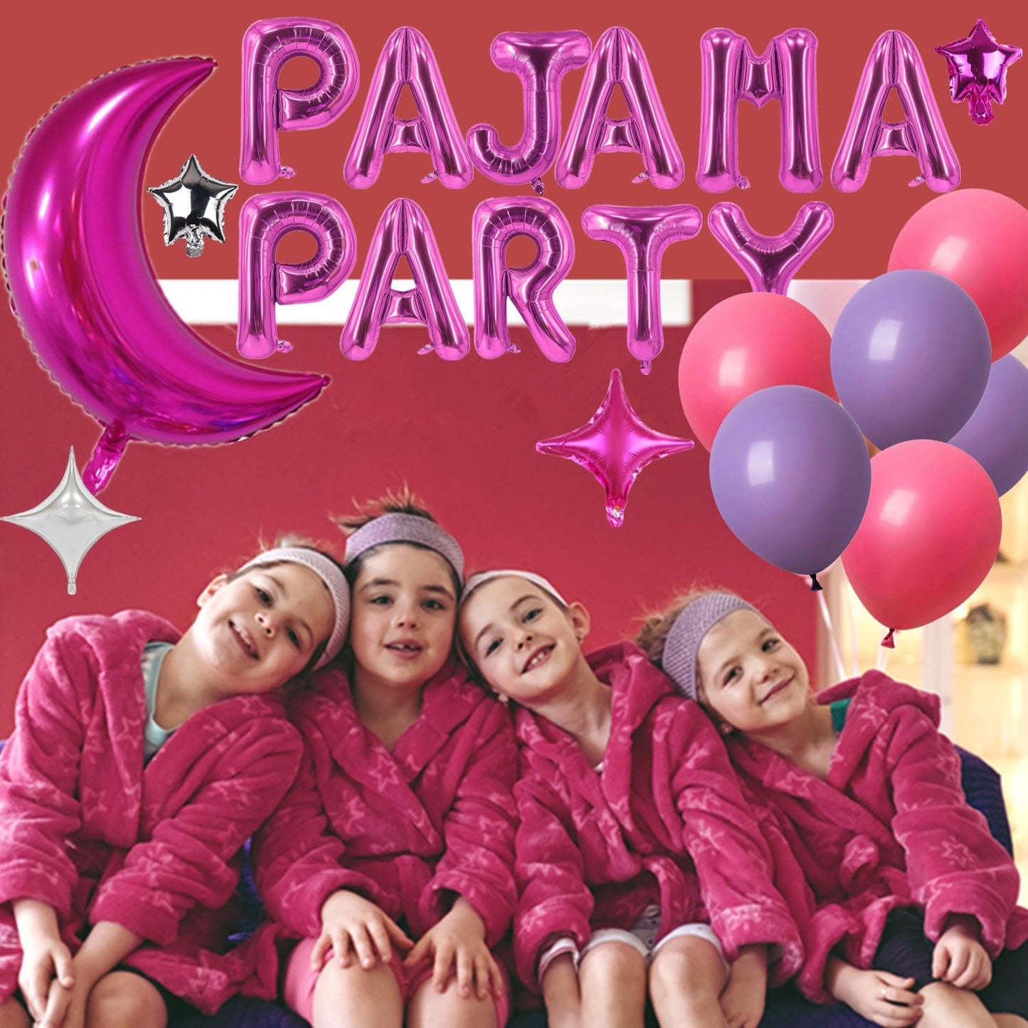 44 Pieces PAJAMA PARTY Balloons Rose Red Moon Star Heart Aluminum Foil Balloons Purple Latex Balloons for Girls Women Slumber Party Sleepover Birthday Party Spa Party Decoration (Rose red)