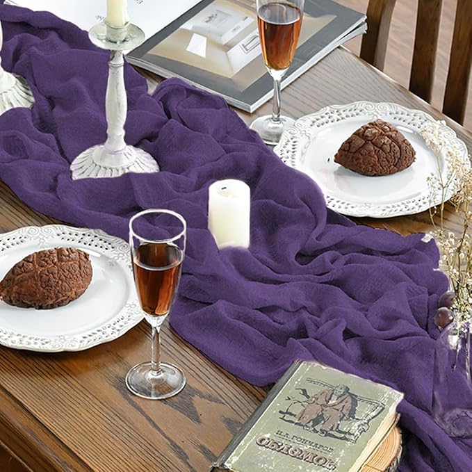 Artoid Mode Boho Cheesecloth Gauze Purple Wedding Table Runner, 120 Inch Seasonal Christmas Winter Fabric Kitchen Dining Holiday Table Decor for Home Party Indoor