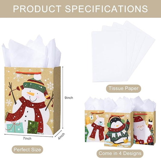 Loveinside Christmas Gift Bags Set, Glitter Foil Santa, Penguin, Snowman & Polar Bear Design, Medium Size Bags with Handle, Tissue Paper for Christmas Gifts & Party Favors, 4 Pack, 7" X 4" X 9"