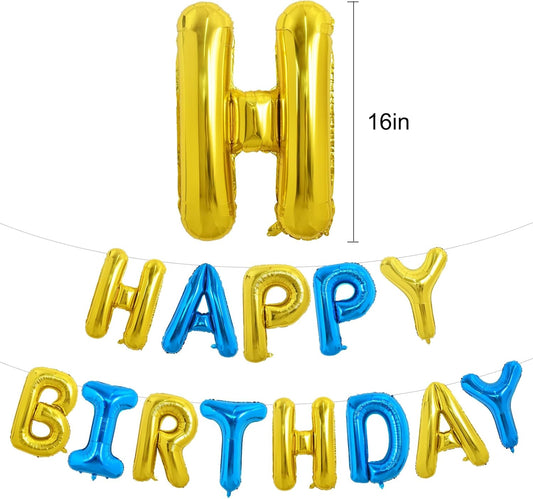 TONIFUL Happy Birthday Balloons with Ribbon Straw, 16 Inch Mylar Letters Birthday Sign Banner Bunting Reusable for Girls Boys Kids & Adults Party Decorations Supplies(Gold Blue)