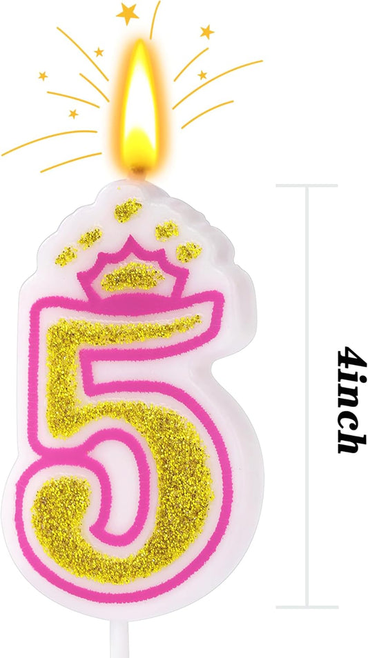 Birthday Number Candles, Number 5 Pink Giltter Candles for Cake, Candle Cake Topper with Sequins for Anniversary Celebrations Supplies (Number 5)