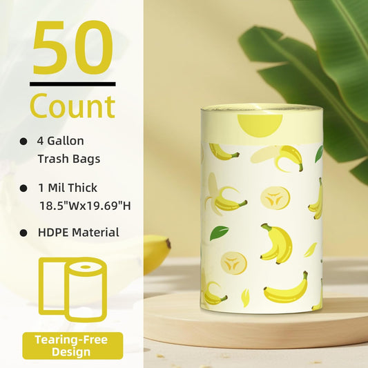 4 Gallon Small Trash Bags Drawstring,4 Gal Trash Can Liners,Small Bathroom Garbage Bags Scented,Tear Resistant Garbage Bags,50 Count Trash-Can-Liners (Banana)